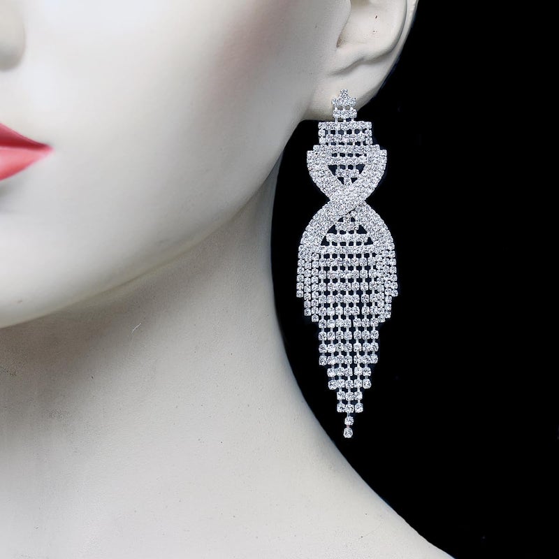 CHRAN Silver Rhinestone Long Tassels Dangle Chandelier Earrings Jewelry Size 3.5" - Image 5
